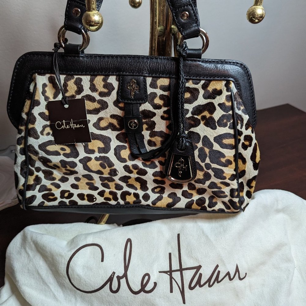 New Cole Haan leopard print satchel tote